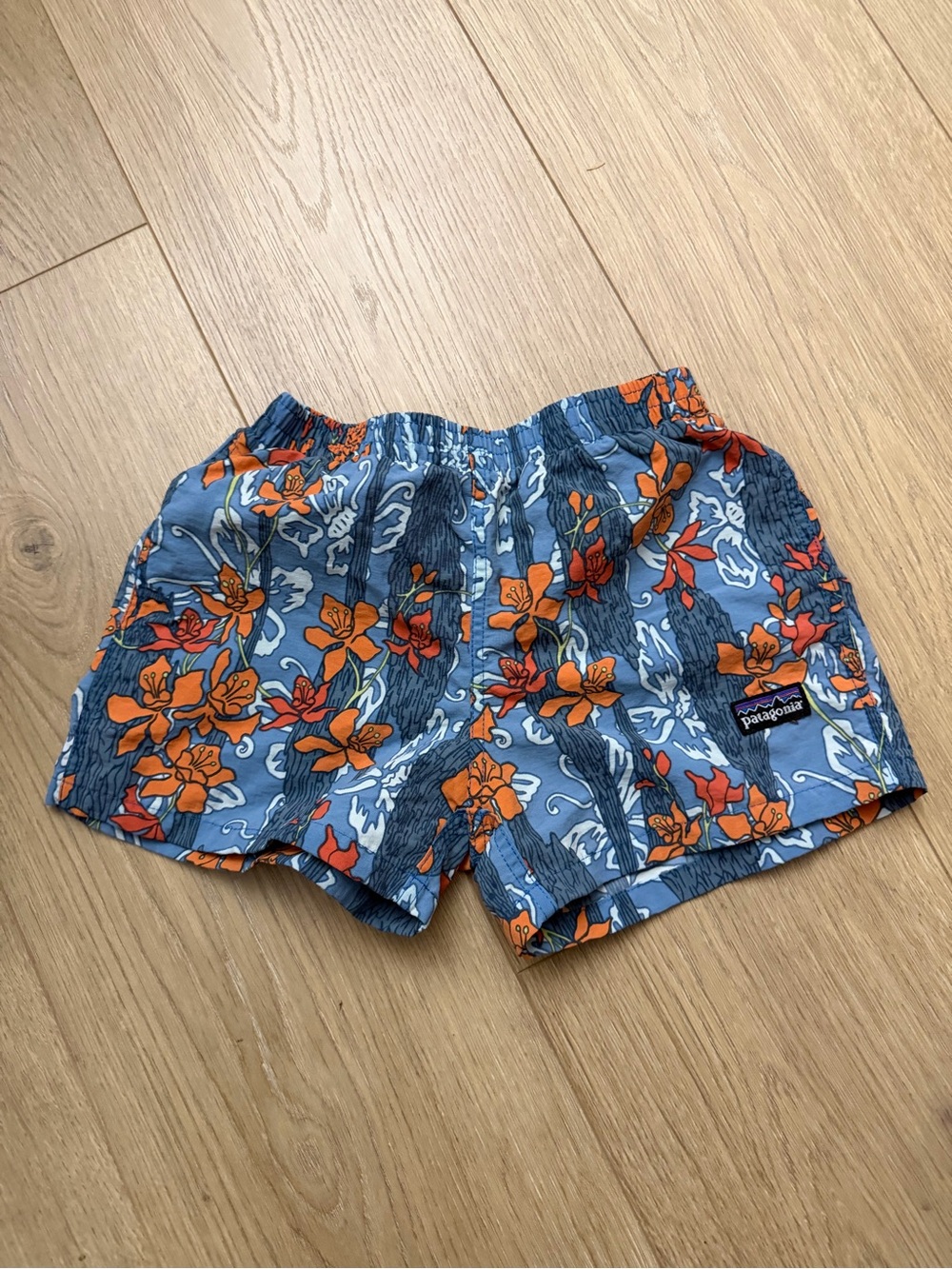 Patagonia Floral Swim Shorts - Blue with Orange Flowers 18 months